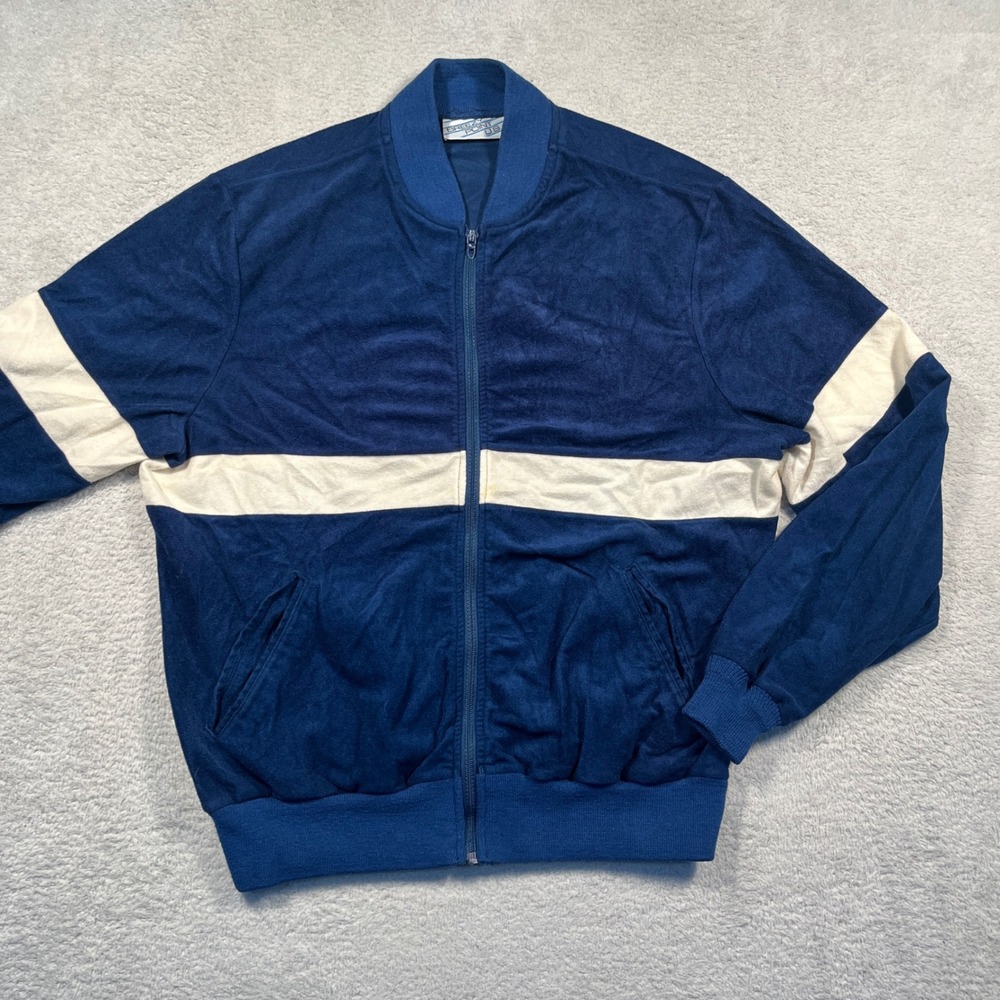 Vintage 70s Breezy Point USA Velour Track Jacket Full Zip Striped Bomber‎ Style